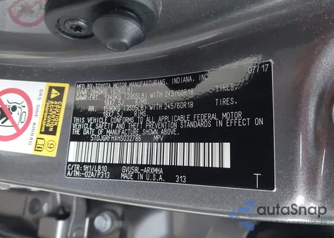 2017 Toyota Highlander Hybrid Xle из США, поврежденный, VIN 5TDJGRFHXHS032786